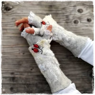felted wrist warmers with lush winter design 2